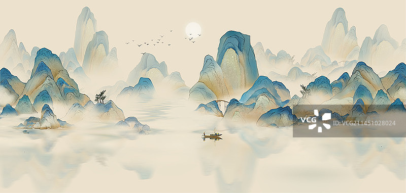 新中式千里江山图 意境水墨山水画背景图片素材