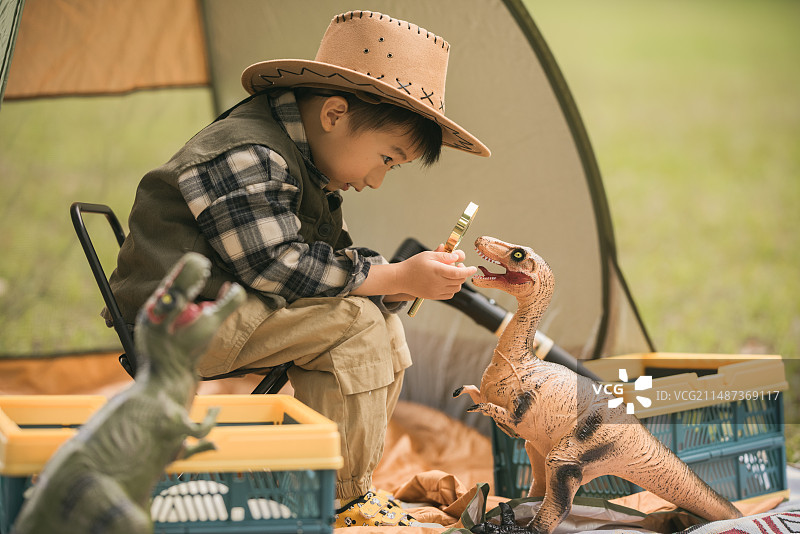 男孩在户外帐篷里玩恐龙玩具图片素材