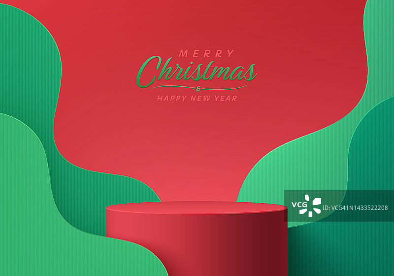 逼真的紅色3D圓柱形臺架與綠色波浪曲線層背景剪紙風格。圣誕快樂抽象最小場景模型產品展示，舞臺展示。向量的幾何形式。圖片素材