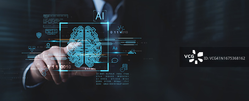 AI，机器学习概念，商务人士接触AI机器，大数据分析，网络连接背景，科学与人工智能技术，深度学习图片素材
