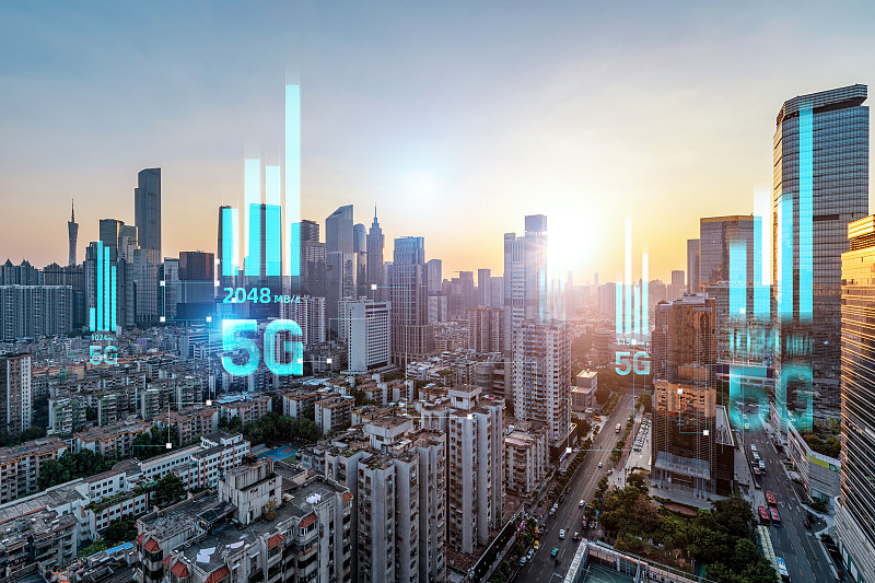 5G網絡信號科技快速發展廣州CBD摩天大樓城市天際線建筑經濟圖片素材