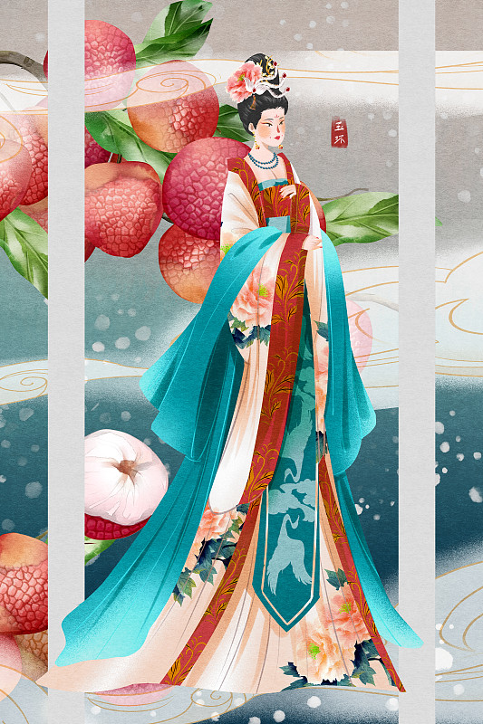 中國風水彩古代四大美人楊貴妃插畫圖片