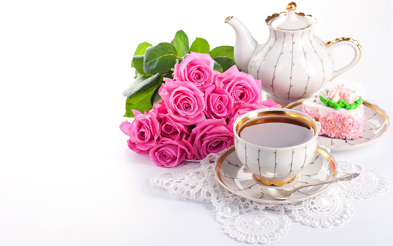 精美茶壺，茶杯和粉紅玫瑰，美國圖片素材