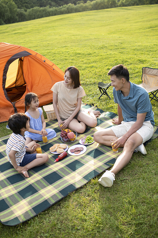 快樂的年輕家庭在戶外野餐圖片素材