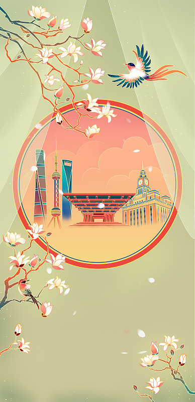 玉蘭花下上海建筑插畫圖片