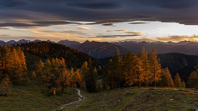 日落時的秋天森林風景，施拉德明，奧地利圖片素材