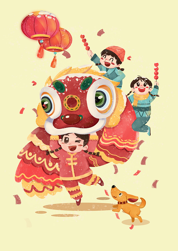 傳統中國風新年舞獅插畫圖片