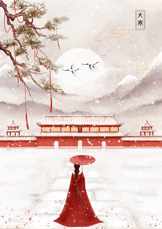 手繪中國風宮墻雪景打傘遠眺的紅衣女子圖片素材