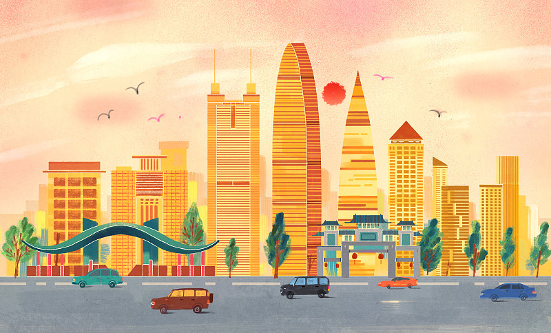 城市，深圳，地標建筑，CBD，市民中心，插畫圖片