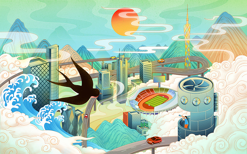 春天燕子迎著陽光飛越城市國潮插畫背景圖片