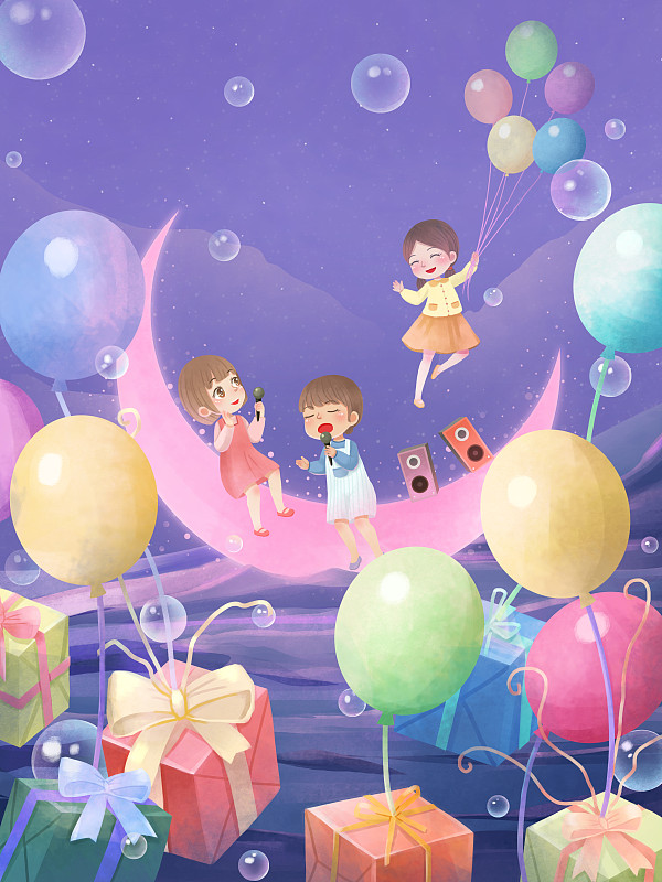六一儿童节夜晚海洋月亮女孩男孩唱歌礼物气球插画下载
