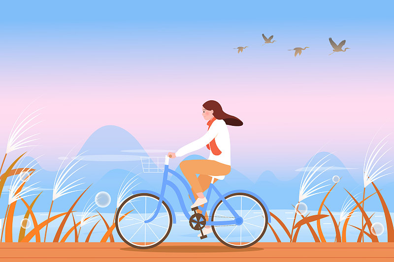 在湖邊騎自行車的女孩矢量插畫圖片