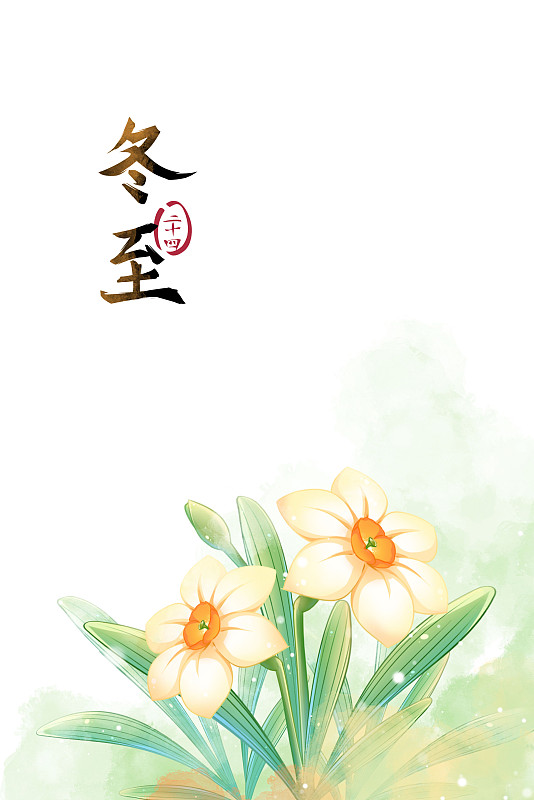 冬至——水仙花，古風水彩二十四節氣系列唯美花卉插畫圖片