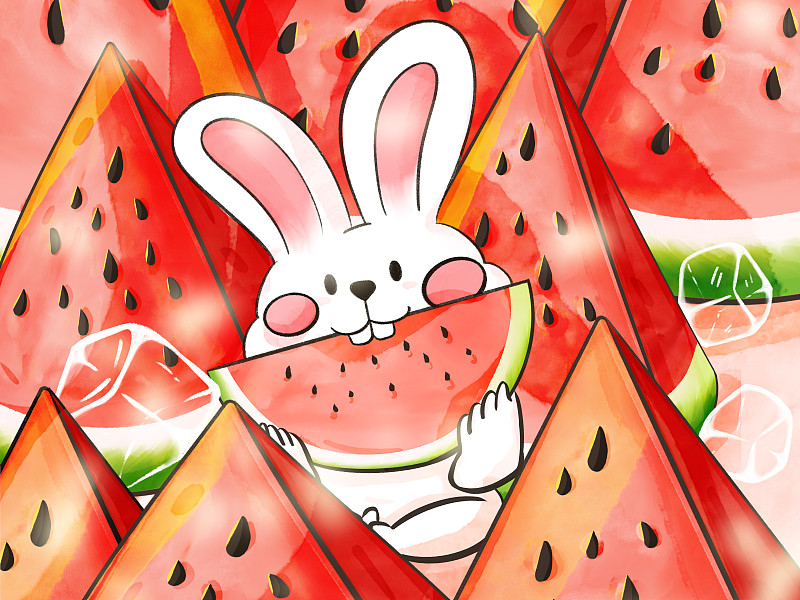 橫版兔子故事插畫7月夏季吃西瓜圖片