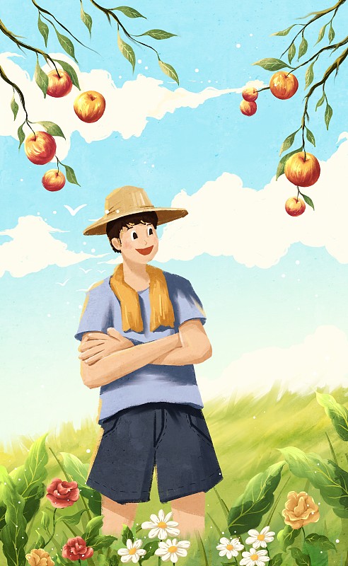農民種植蘋果收成插畫圖片