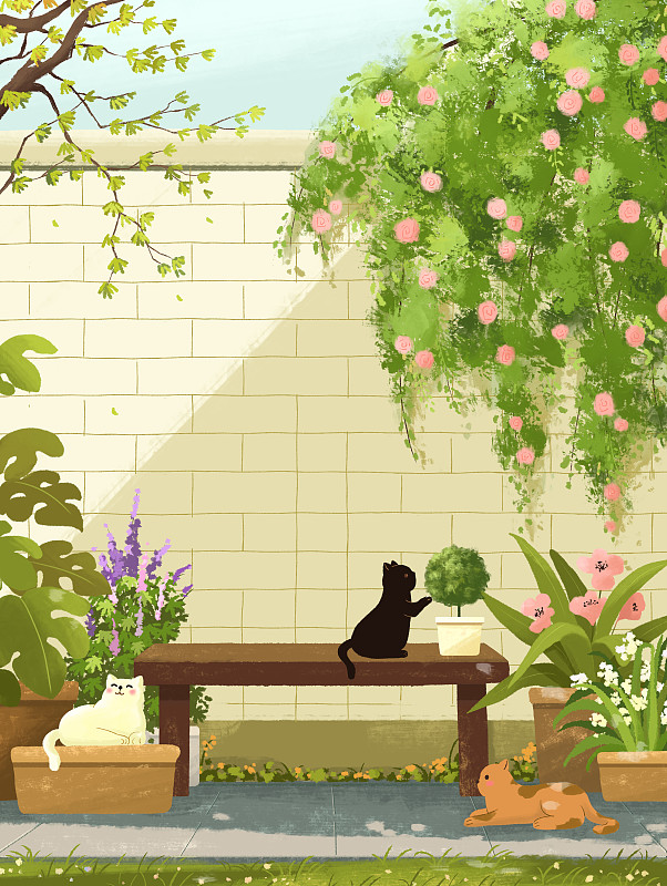治愈系小清新插画春天可爱的小猫在院子里晒太阳下载