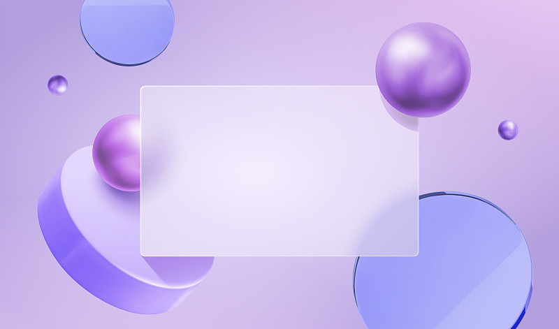 紫色玻璃拟态空白版面与几何装饰物背景图片下载
