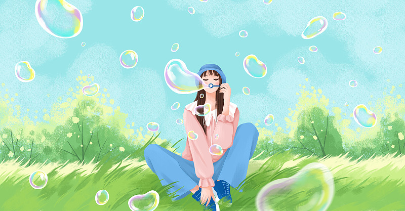 治愈系小清新插画一个女孩坐在绿色的草地上吹泡泡下载