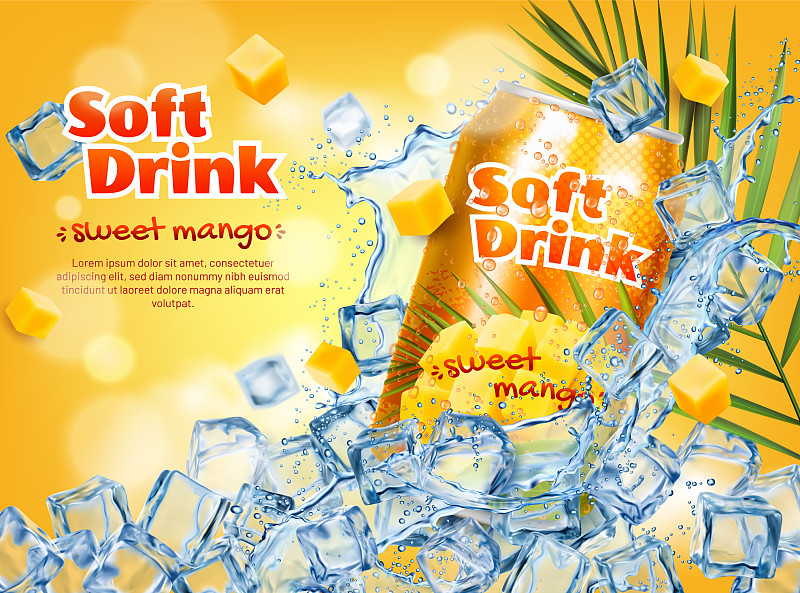 芒果果汁饮料可以冰块和飞溅海报图片下载