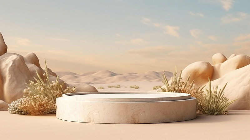 【AI数字艺术】沙漠绿植背景。产品演示的展台，电子商务图片下载