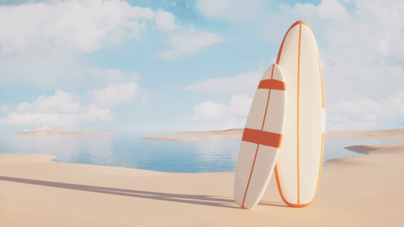 沙滩上的橙色冲浪板3D渲染图片下载