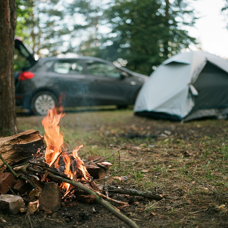 在森林里的篝火旁露營圖片素材
