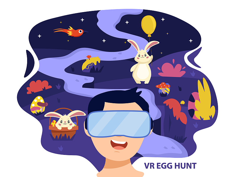 一名年輕人用VR頭盔與復活節兔子一起玩尋彩蛋游戲。虛擬或增強現實眼鏡技術。圖片素材