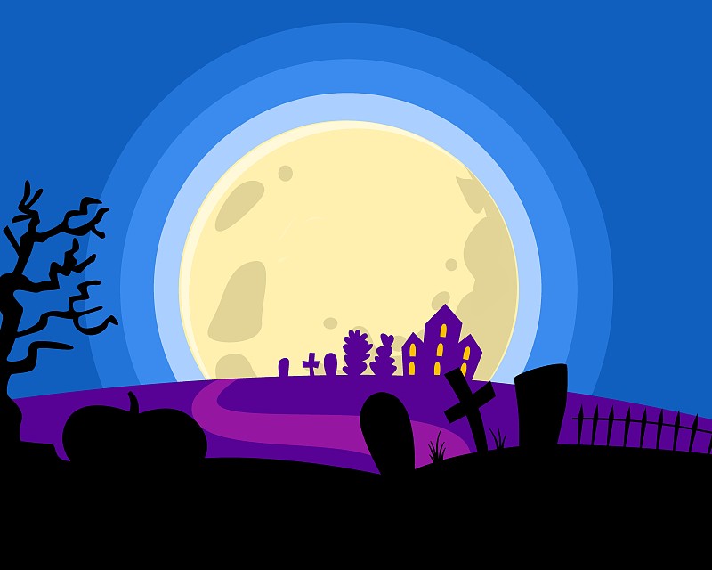 墓地背景有一個大月亮。萬圣節的概念。插畫圖片