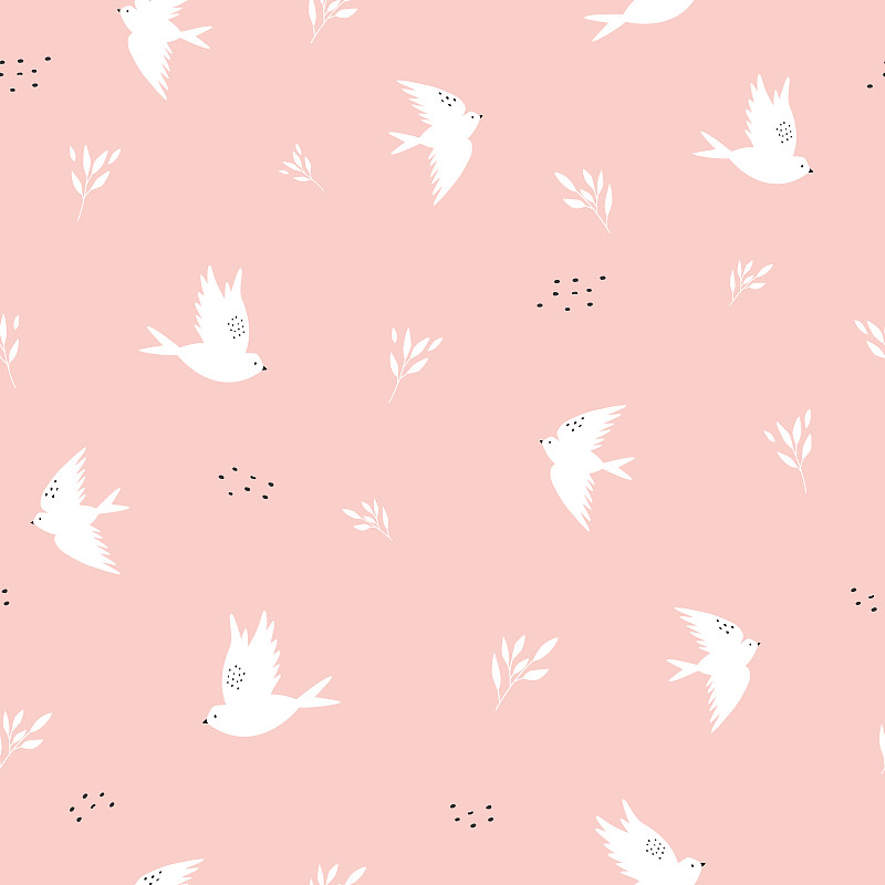 無縫模式與手繪燕子在粉紅色的背景插畫圖片