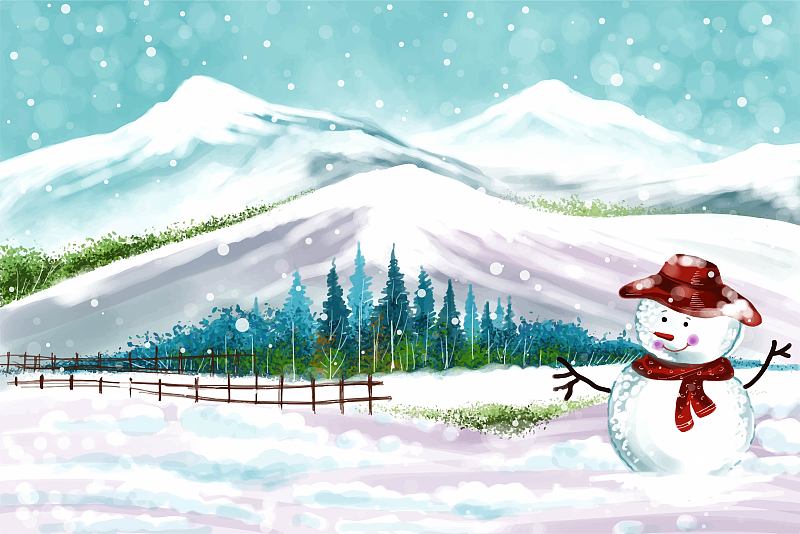 新年和圣誕樹的冬季景觀背景與雪人卡片設計插畫圖片