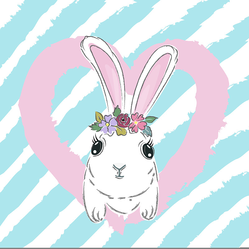 手繪可愛的兔子和粉紅色的心形矢量插圖印刷設計兔子，兒童打印在t恤上。插畫圖片