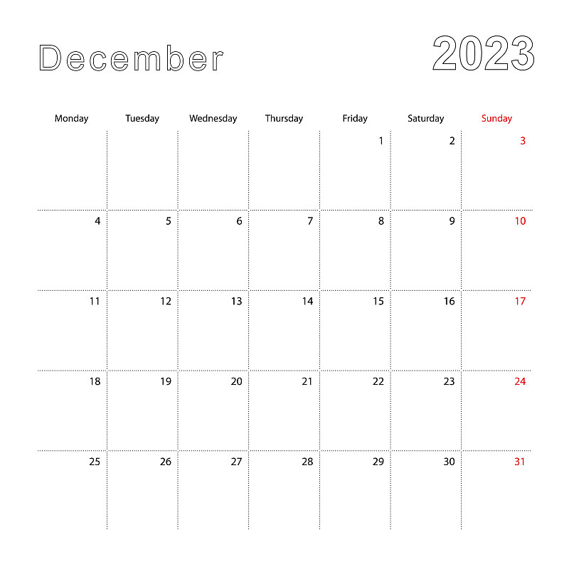 2023年12月的簡單掛歷，虛線。日歷是英文的，從星期一開始。插畫圖片