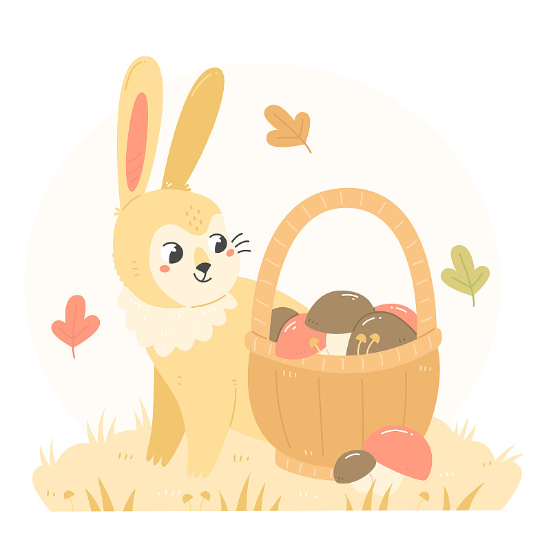 兔子和一籃子蘑菇在平面卡通風格。蘑菇采摘。秋天的兒童插畫與兔子。下載