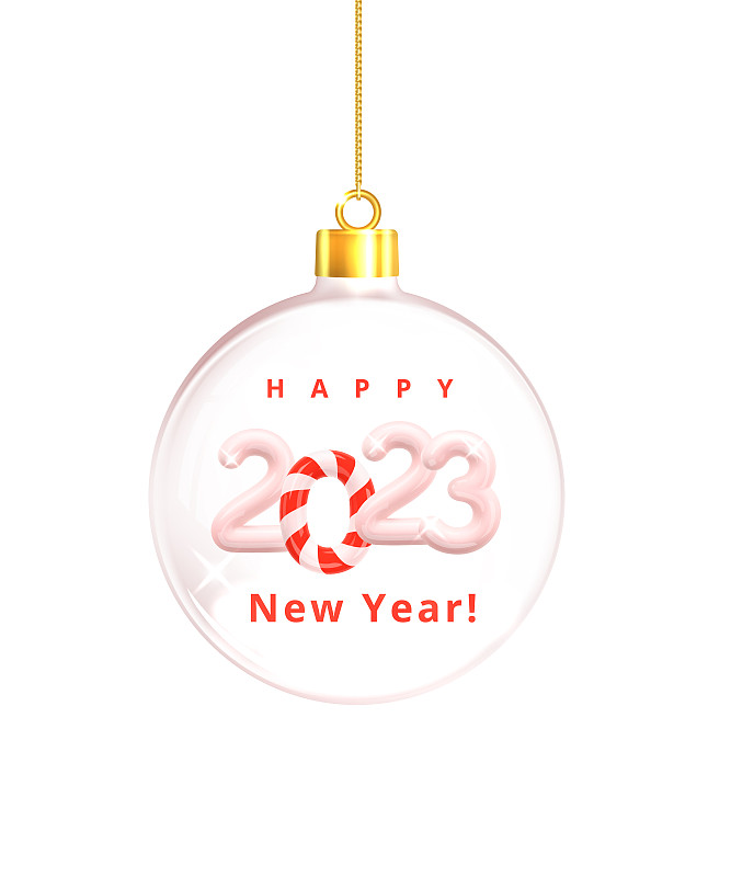 2023新年快樂?，F實的白色塑料編號2023玻璃小玩意。圣誕和新年裝飾，海報，橫幅，賀卡。逼真的3d渲染矢量插圖圖片下載