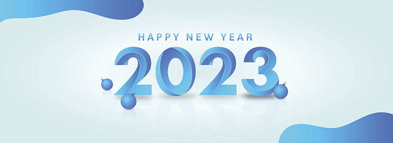 3D紙風格2023數字與裝飾物與光澤的藍色背景為新年快樂的概念。圖片下載