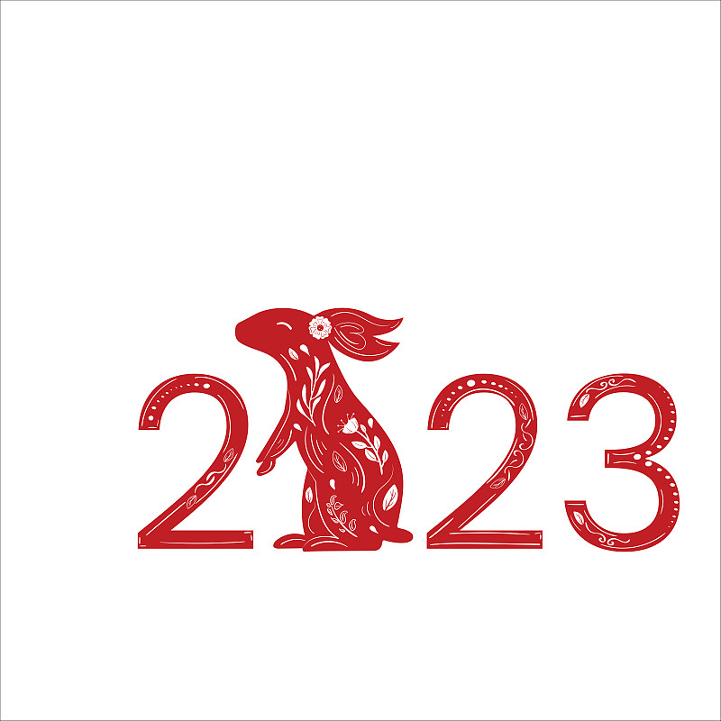 2023年新年兔子數字與花卉裝飾圖片下載
