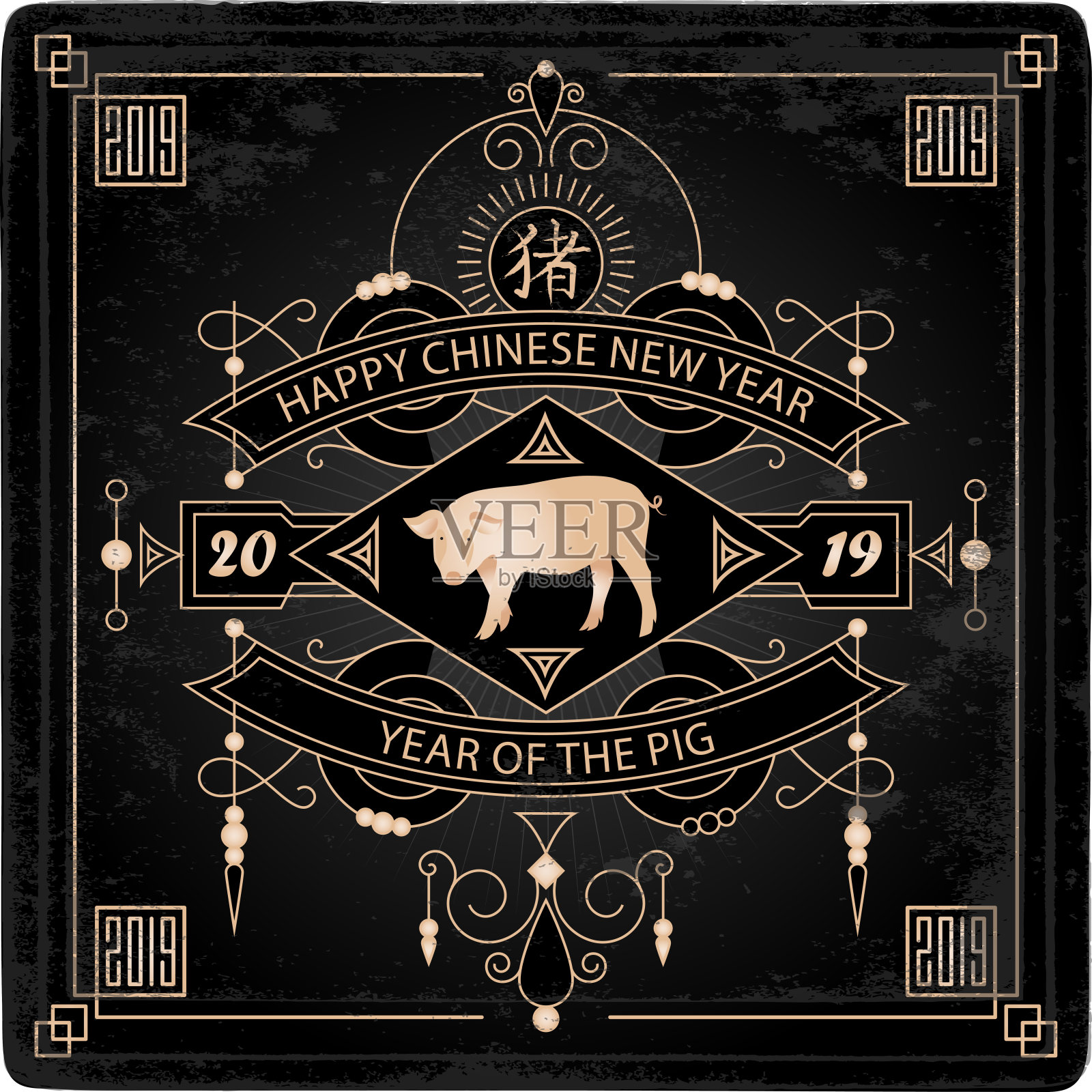 新年快乐，2019年猪年!矢量插图与程式化的猪和线条艺术设计元素。中国新年2019海报与象形文字(翻译:猪)。插画图片素材