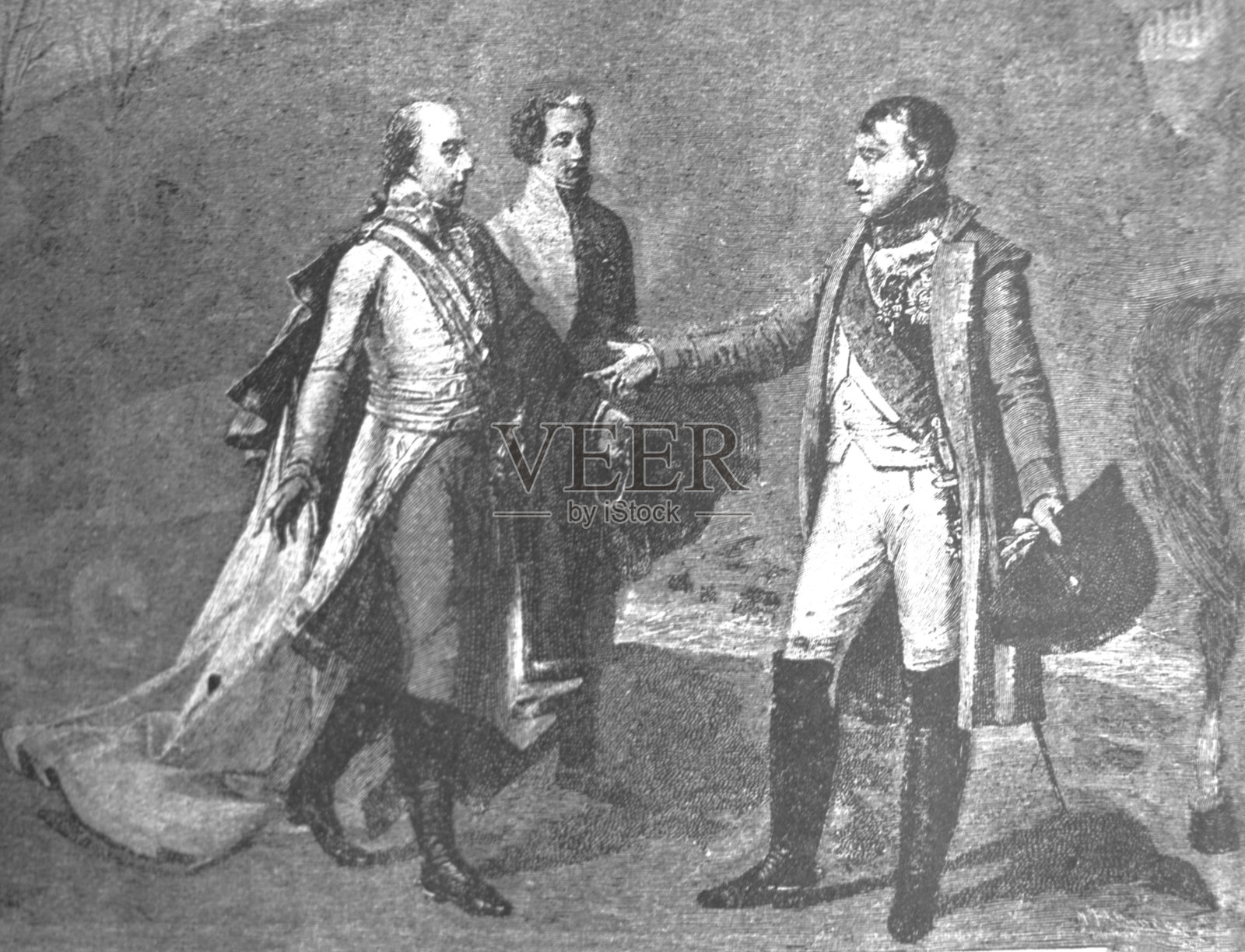 奥斯特里茨战役后拿破仑和弗朗兹·伊斯特的会面。从格罗在凡尔赛博物馆的旧书拿破仑的生活，由W. Sloon, 1896年，圣彼得堡设计元素图片