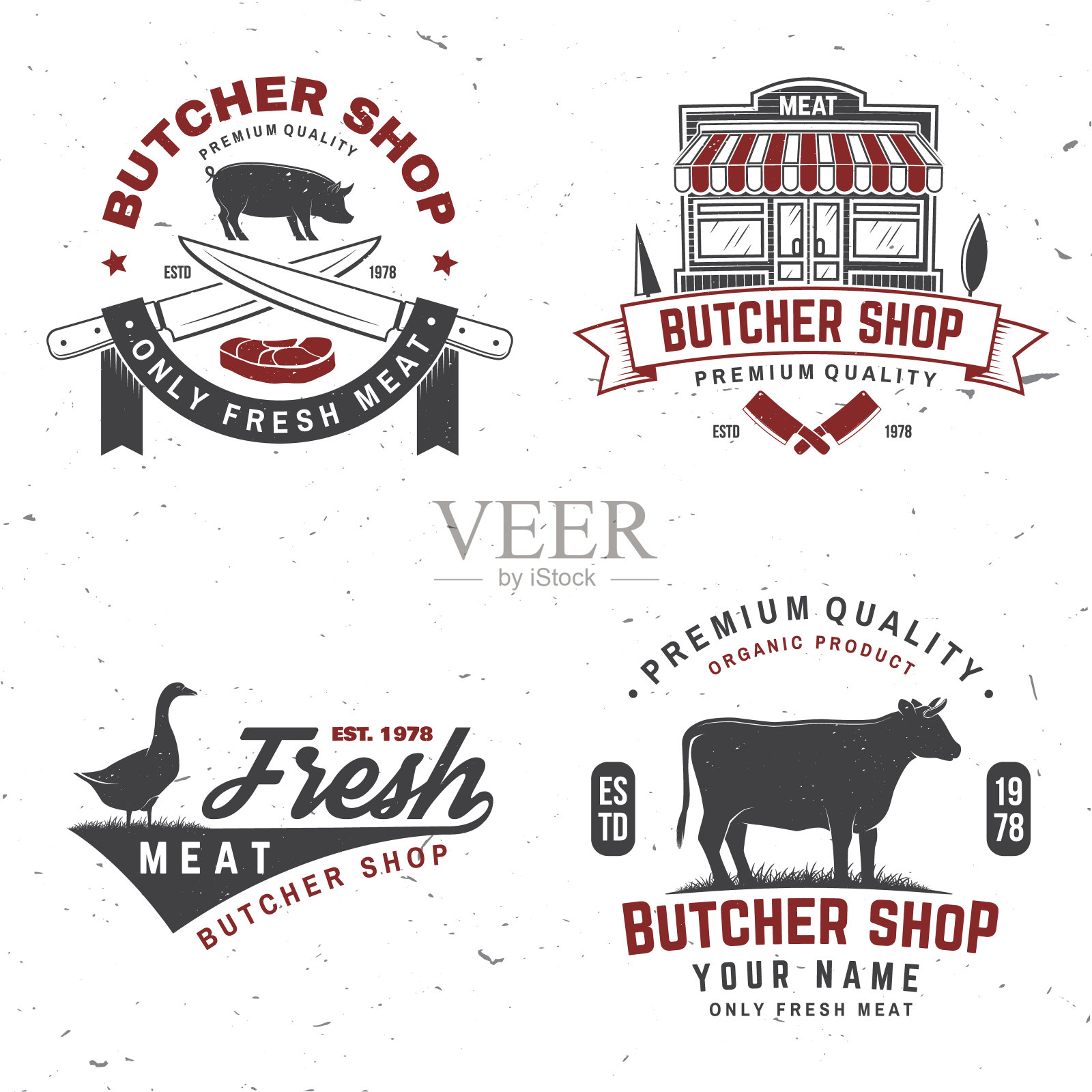 一套肉店徽章或标签与牛，猪，鹅。向量。复古的排版设计与牛，猪，鹅的轮廓。肉店、菜市场、餐饮企业。插画图片素材