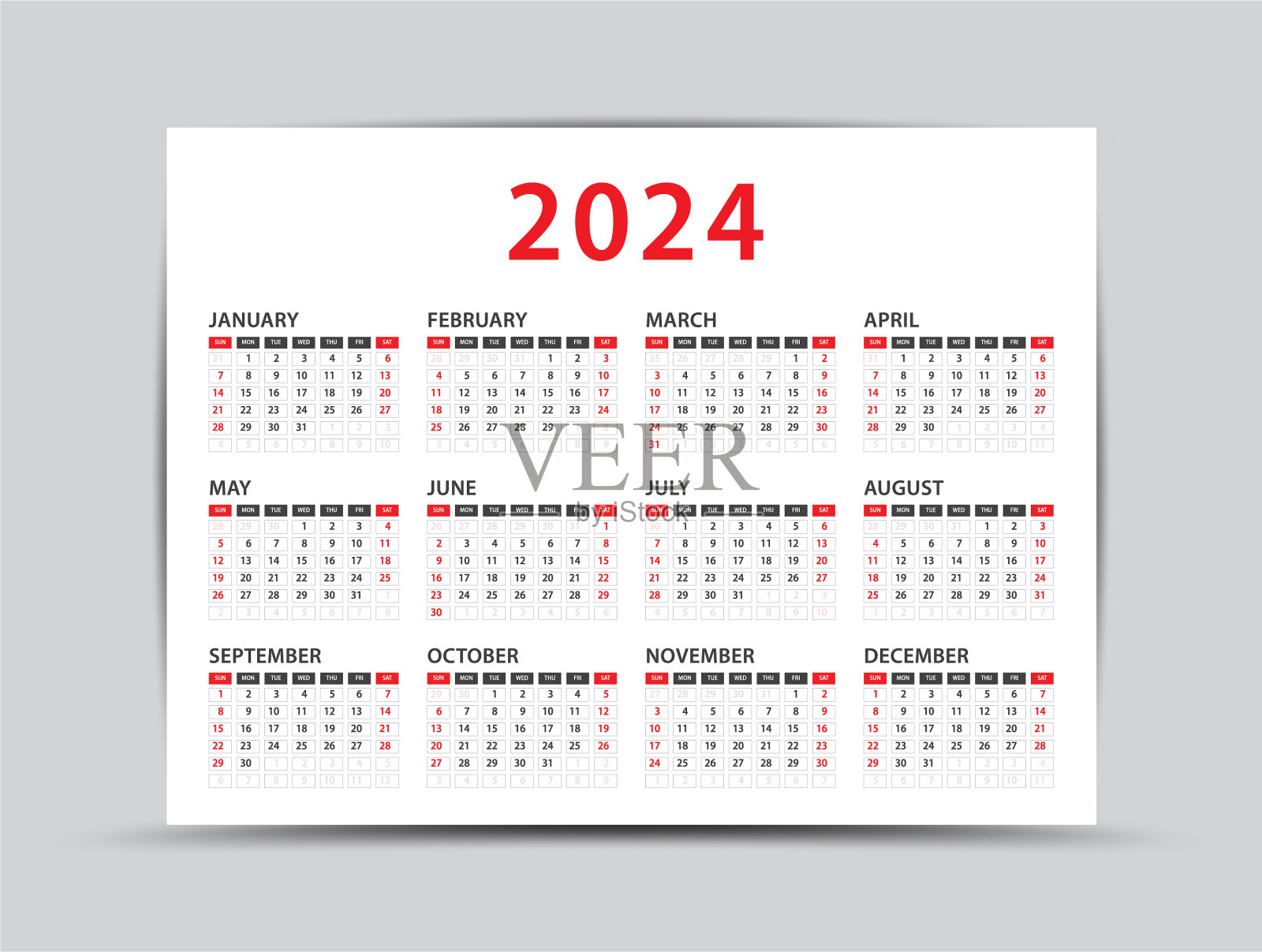 2024年日历- 12个月的日历设计模板素材