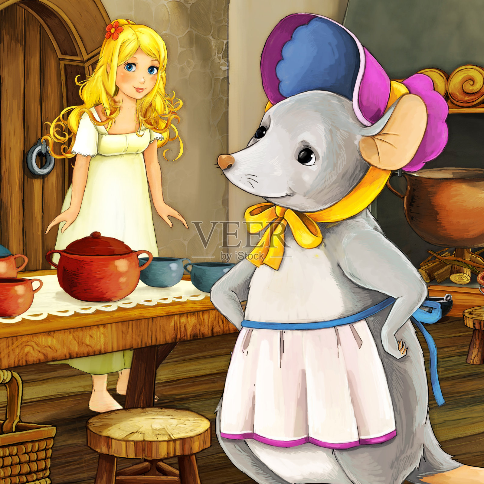 卡通场景与公主小精灵和老鼠在厨房插图插画图片素材