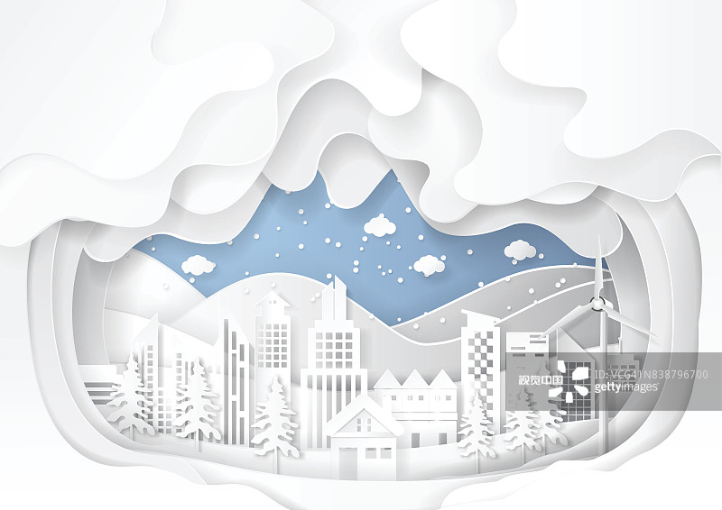 城市城市景觀上的雪冬天的背景。圖片素材