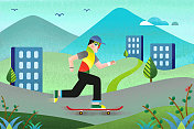 24节气与运动-春-惊蛰-滑滑板图片素材