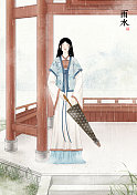 壁纸中国风插画二十四节气文字版雨水图片素材