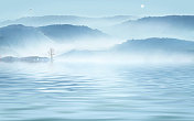 云雾弥漫着湖面，大雁飞过高山中国风山水插画背景海报图片素材