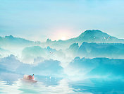 早晨森林里的日出，古风少女乘着小船行驶在河流上中国风插画背景图片素材