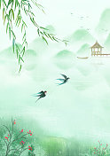 手绘中国风小清新水彩风格山水风景插画图片素材