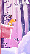 插画24节气小雪女孩与狗狗看雪花房子温暖陪伴寒冷积雪月亮冬天图片素材