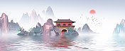 手绘中国风淡雅立体山水画图片素材