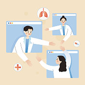 通过互联网线上沟通医学难题的医生矢量插画图片素材